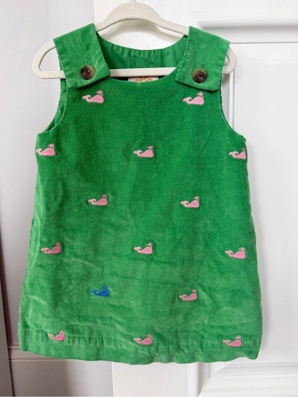 Beaufort Bonnet Company Girls Green Corduroy Whale Appliqué Pinafore Dress, 3T